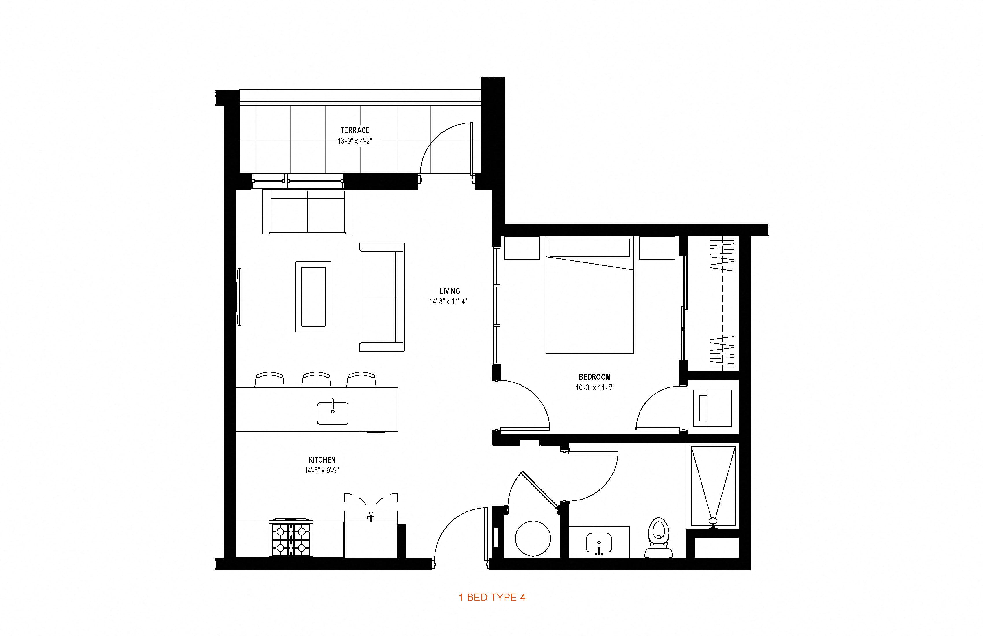 Floor plan for 1 bed, 1 bath, 618 sqft